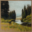 Woods River, walnut ink and pastel on tan paper, 5.5 x 5.5 inches [sold]